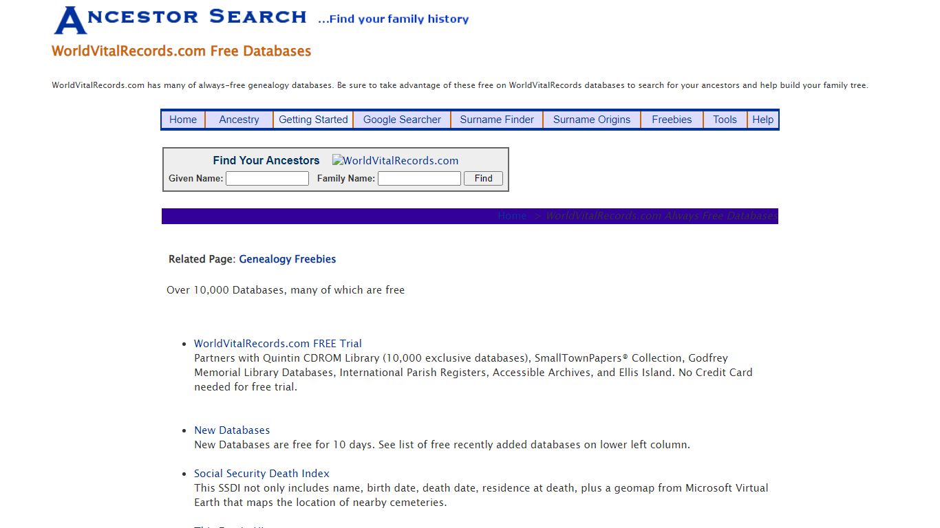 WorldVitalRecords.com Free Databases - search for ancestors